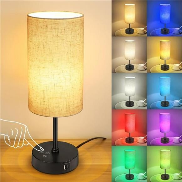 Dimmable RGB table lamp with USB ports color changing bedside nightstand light - Picture 1 of 7